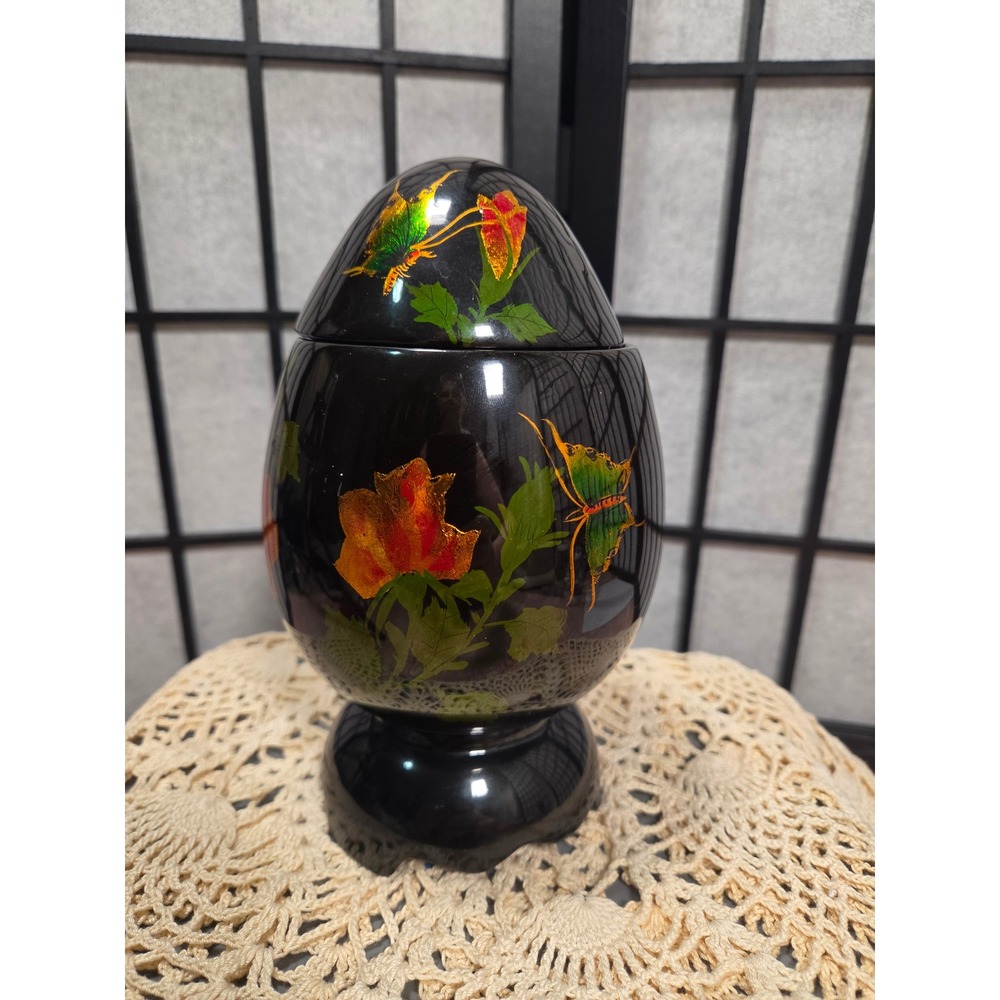 Vintage Black Lacquer Egg Trinket Box Butterfly Floral Hand Painted Vietnam 8in